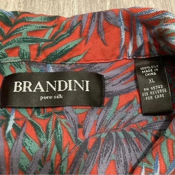 Brandini Shirt Men XL Red Floral Pure Silk Hawaiian Short Sleeve Button Down - Picture 4 of 5